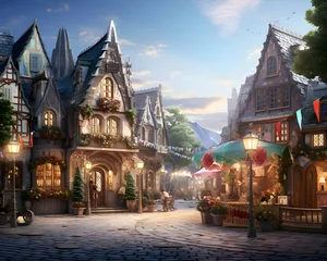 Foto op Canvas Fairy tale town in the evening. Medieval fairytale town. © Wazir Design