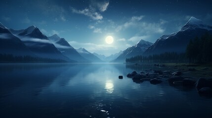 Under the silvery light of the moon, a serene lake mirrors the beauty of the night sky, creating a mesmerizing vista that transports the viewer to a realm of pure tranquility - obrazy, fototapety, plakaty