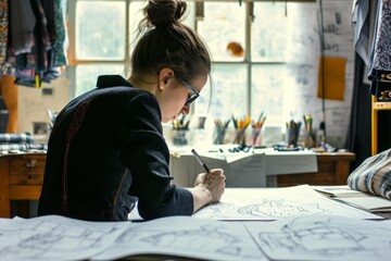 Focused female fashion designer sketching in a bright, creative studio with fabric and drawings in the background.