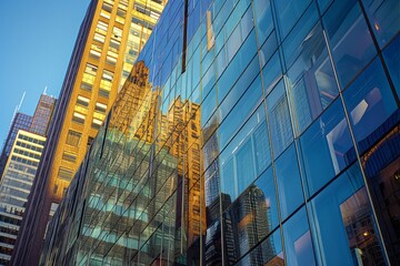 Modern glass building reflecting the surrounding architecture against a clear blue sky.