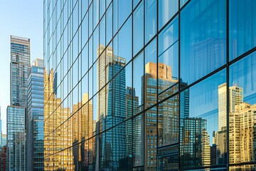 Modern skyscrapers with reflective glass facades against a clear blue sky in a bustling cityscape.