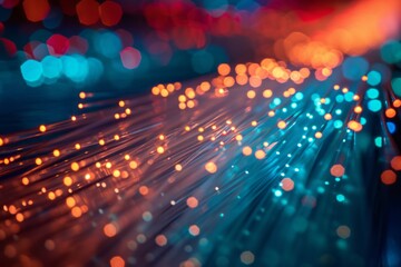 Abstract background of illuminated fiber optic cables with bokeh lights, symbolizing high-speed data transmission and modern technology. - obrazy, fototapety, plakaty