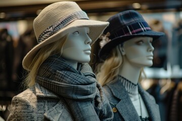 Two mannequin heads displaying stylish hats and scarves in a fashion store setting.