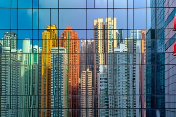 Urban skyline reflected on a modern glass facade, showcasing a mix of architectural styles and vibrant city life.