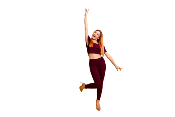 Full-size portrait of cool and charming happy woman isolated on yellow background with copy space for text