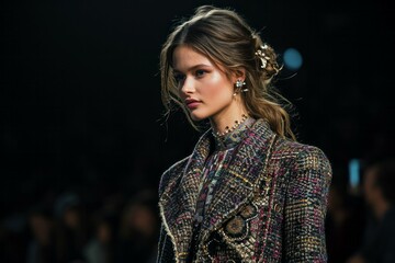 Elegant model on runway with intricate hairstyle and tweed jacket, showcasing high fashion.