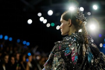 Fashion model on runway with sparkling outfit under bright lights, audience in soft focus background.
