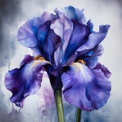 Blue iris flower on a gray background. Watercolor illustration.