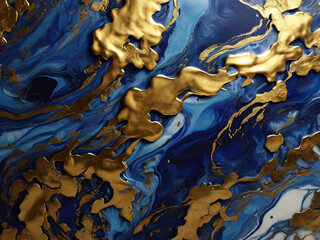 Blue marble and gold abstract background texture.  Indigo ocean blue marbling  with natural luxury style swirls of marble and gold powder.

