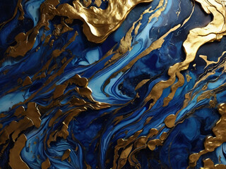 Blue marble and gold abstract background texture.  Indigo ocean blue marbling  with natural luxury...