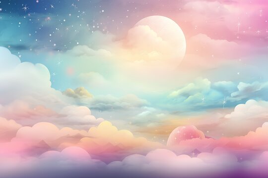Fantasy sky background with clouds, stars and moon. Vector illustration.