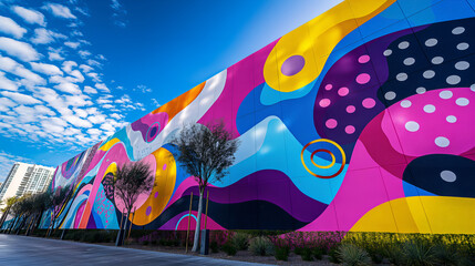 Naklejka premium Urban Elegance: Merging Modern Skyline with Vibrant Mural Art and Realistic Blue Skies