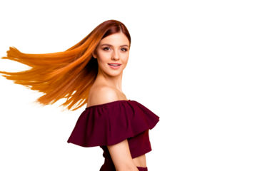 Red straight-haired attractive cute nice cheerful young girl, half turned, wind blowing hair. Isolated over bright vivid yellow background