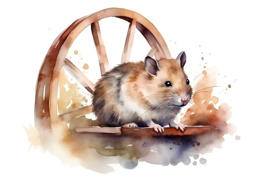 Watercolor hamster on a wooden wheel. Hand drawn illustration.
