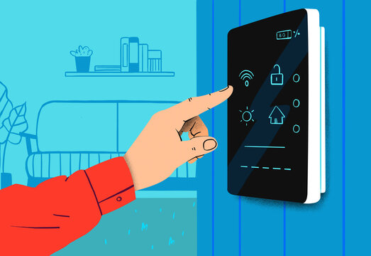 Hands of person operating smart home device on wall