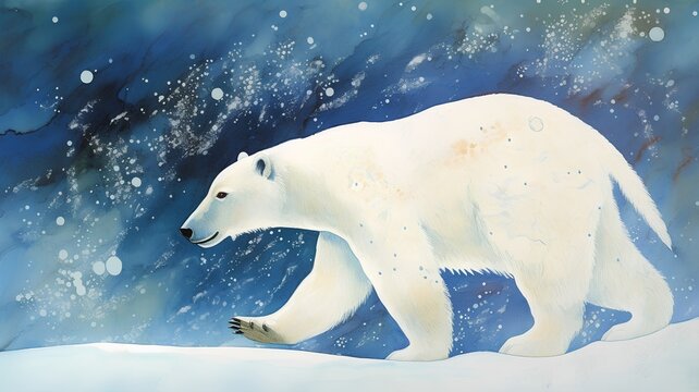 Illustration of a polar bear in the snow, watercolor painting
