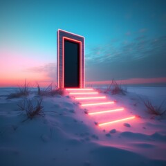 3D rendering of a door in a winter landscape with neon lights
