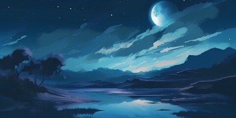 Night landscape with a lake and a full moon. Vector illustration.