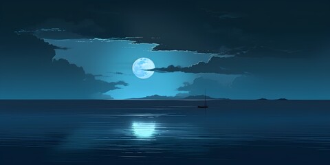 Fototapeta na wymiar night sea with full moon and boat on the horizon, vector illustration