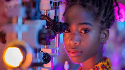 A dark-skinned girl has her eyesight checked by an optometrist.