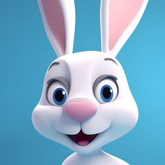 Cute cartoon white rabbit on blue background. 3D rendering.
