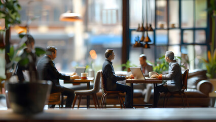 Miniature business people meeting and working on laptops in a city cafe.