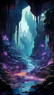 Fantasy cave with water and stalactites. Digital painting.