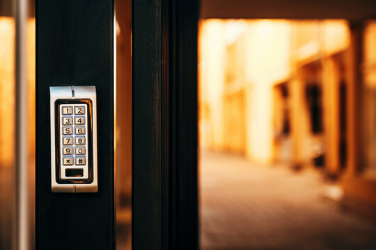 Keypad door lock at residential building entrance