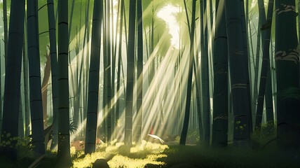 Bamboo forest with sunlight. Nature background. 3D illustration.