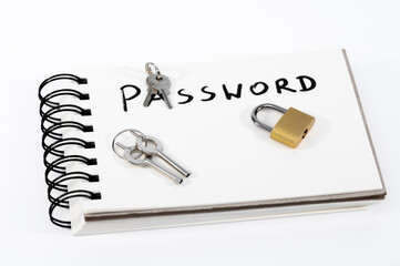 Wyraz password napisany na kartce, wokół kłódka i klucze, bezpieczeństwo danych - obrazy, fototapety, plakaty