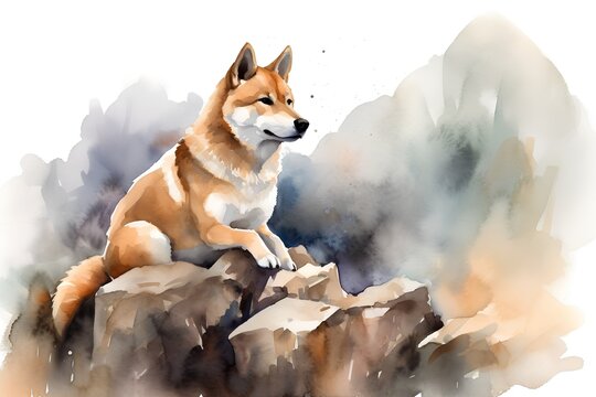 Watercolor portrait of a shiba inu dog sitting on the rock.