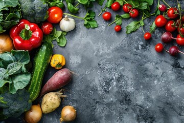 Fresh various organic vegetables on rustic grey stone table top view with copy space. Vegetarian food background and healthy vegetable ingredients with vitamins concept, diet and clean eating 