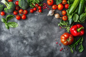 Fresh various organic vegetables on rustic grey stone table top view with copy space. Vegetarian...