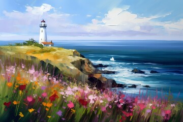 Lighthouse on a cliff with flowers. Digital painting. Illustration.