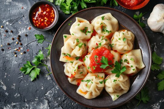 Georgian dumplings Khinkali on plate with red tomato sauce and fresh cilantro top view on rustic wooden background, traditional dish of Georgia, space for text 