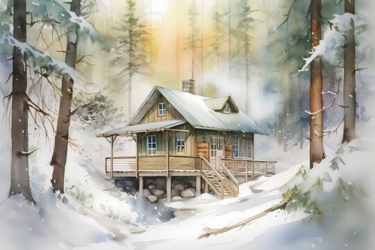 Watercolor winter landscape with wooden house in the forest. Digital painting