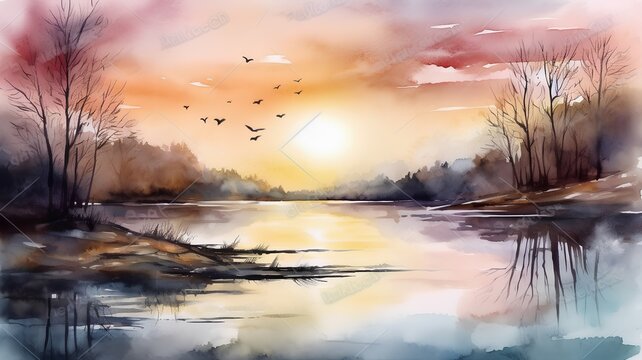 Sunset over the lake with birds. Watercolor painting. Digital illustration.