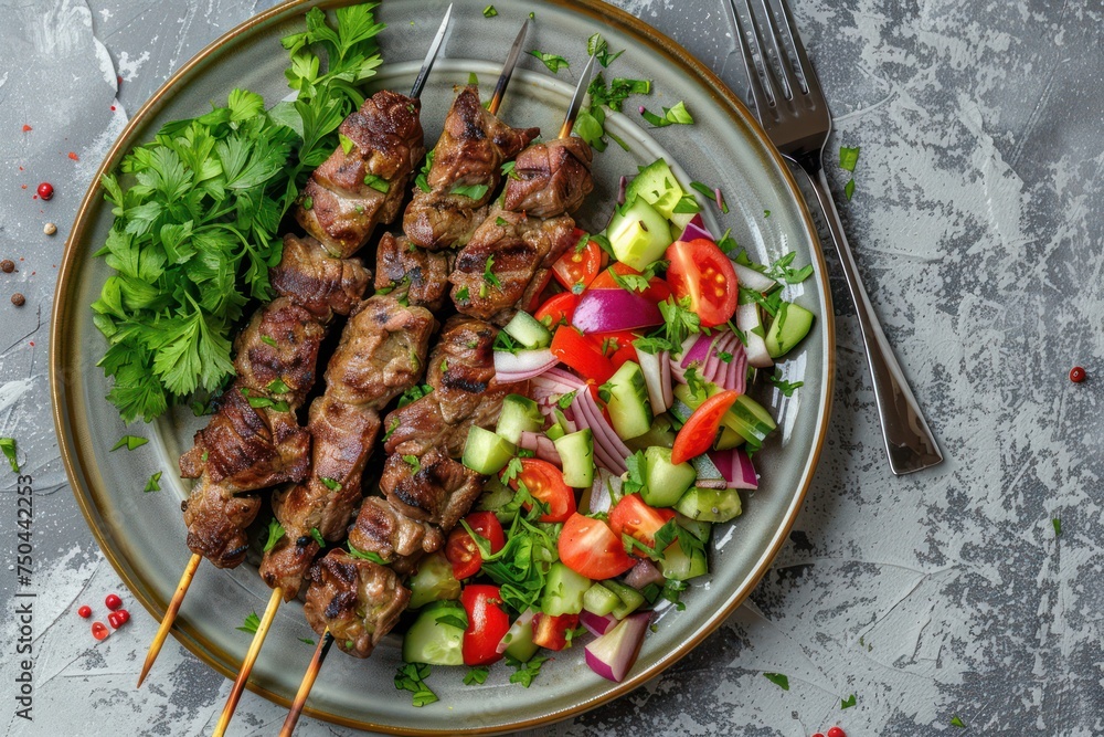 Wall mural Grilled skewer meat beef kebabs on sticks served with fresh vegetables salad on plate on rustic concrete background from above. Traditional Middle Eastern and Turkish dish Kebab 