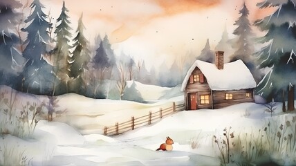 Winter landscape with a wooden house and a squirrel. Watercolor painting