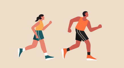Fototapeta na wymiar Man and Woman Running Together, Healthy Lifestyle Exercise Concept, Vector Flat Illustration Design