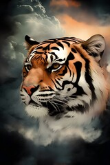 Tiger head with cloudy sky background, digital painting, illustration.