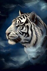 White tiger in a dark sky with clouds. 3D illustration.