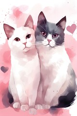 Two cats sitting on pink watercolor background. Vector illustration. Valentine's day card.
