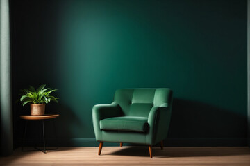 Living room with green armchair on empty dark green wall background