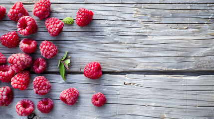 Some raspberries on a gray wooden table.