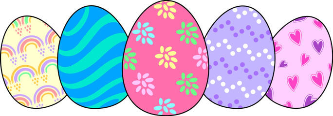 Collection of colorful easter eggs. Traditional religious holiday celebration. Illustration.