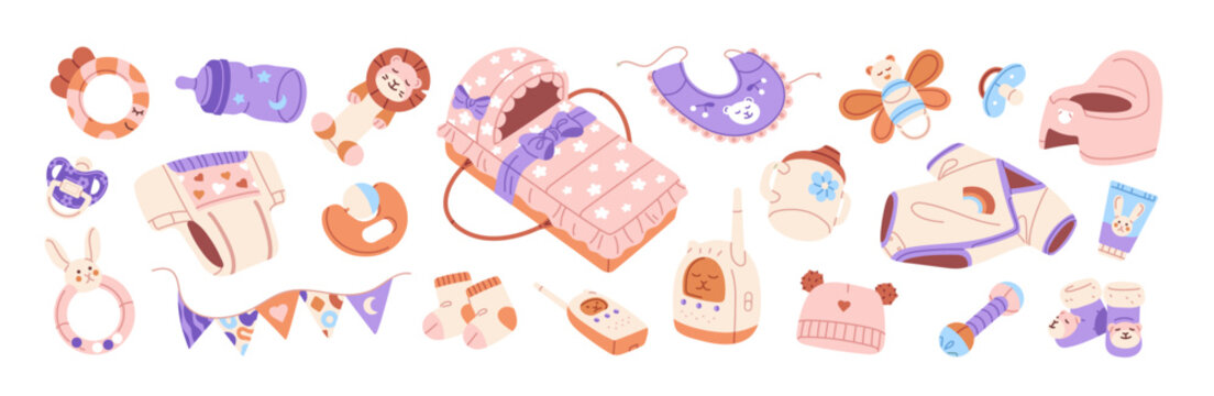 Cute items for children set. Kids accessory: nipple, diaper, milk bottle, rattle toys, baby potty, bib. Supplies for feeding, care about newborn, infant. Flat isolated vector illustration on white