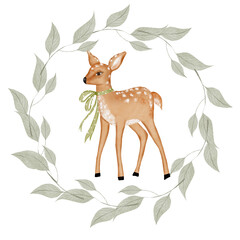 Watercolor fawn. Hand drawn deer in a round frame of branches with leaves. Cute animal with a bow on its neck. Elegant clip art isolated on white background. Baby deer for design of baby cards and