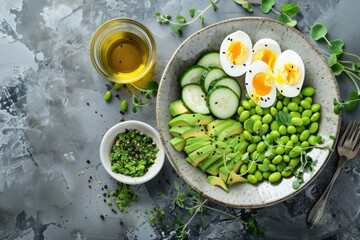 Healthy green avocado salad bowl with boiled eggs, sliced cucumbers, edamame beans, olive oil and herbs on ceramic plate top view on grey stone rustic table background 