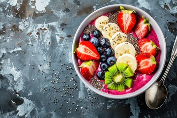 Healthy summer acai smoothie bowl with chia seeds, fresh banana, strawberry, blueberry, cocos, kiwi top view on rustic concrete background with spoon  - Powered by Adobe